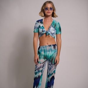 Tie Dye Cover up Two Piece Set Tie-front Top And Pants beachwear